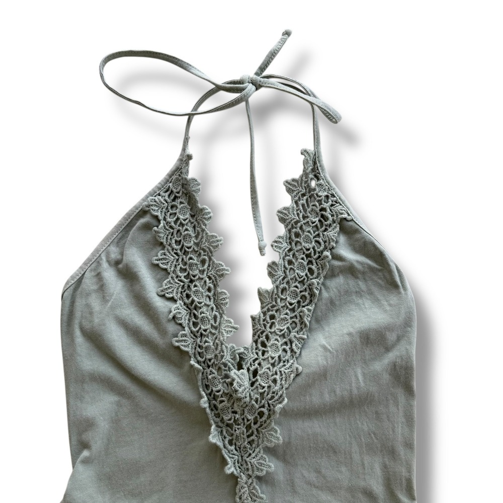 Don't Ask Why American Eagle OS Sage Green Crochet Lace Halter Backless Bodysuit
